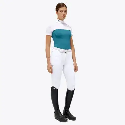 Cavalleria Toscana Polo da donna in piqué e jersey WHITE / DEEP SEA BLUE-1