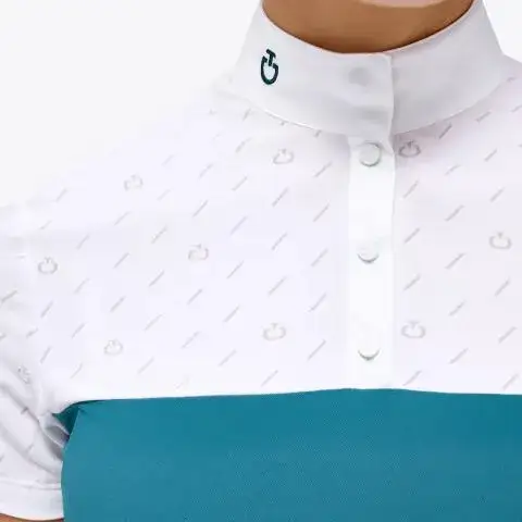 Cavalleria Toscana Polo da donna in piqué e jersey WHITE / DEEP SEA BLUE-3