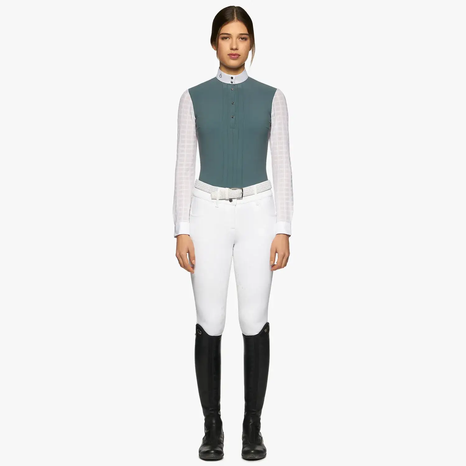 Cavalleria Toscana Pleated long-sleeved competition polo shirt PETROLEUM / WHITE-1