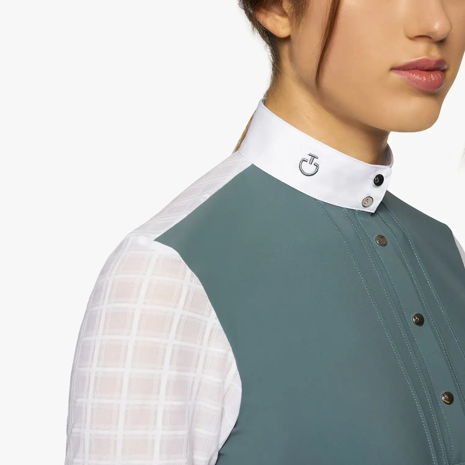 Cavalleria Toscana Pleated long-sleeved competition polo shirt PETROLEUM / WHITE-5