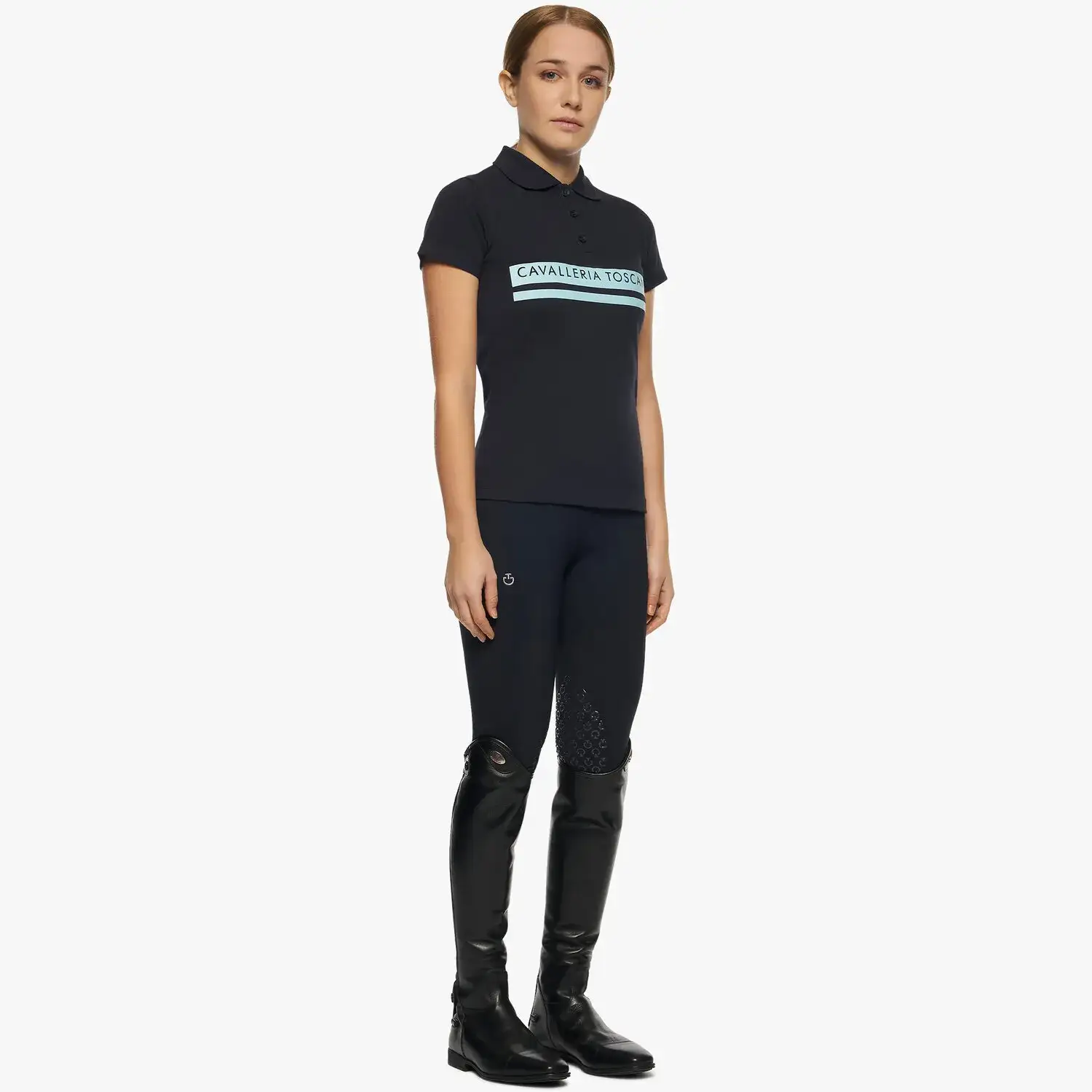 Cavalleria Toscana Girls’ piqué knit polo shirt with a flocked print NAVY-1