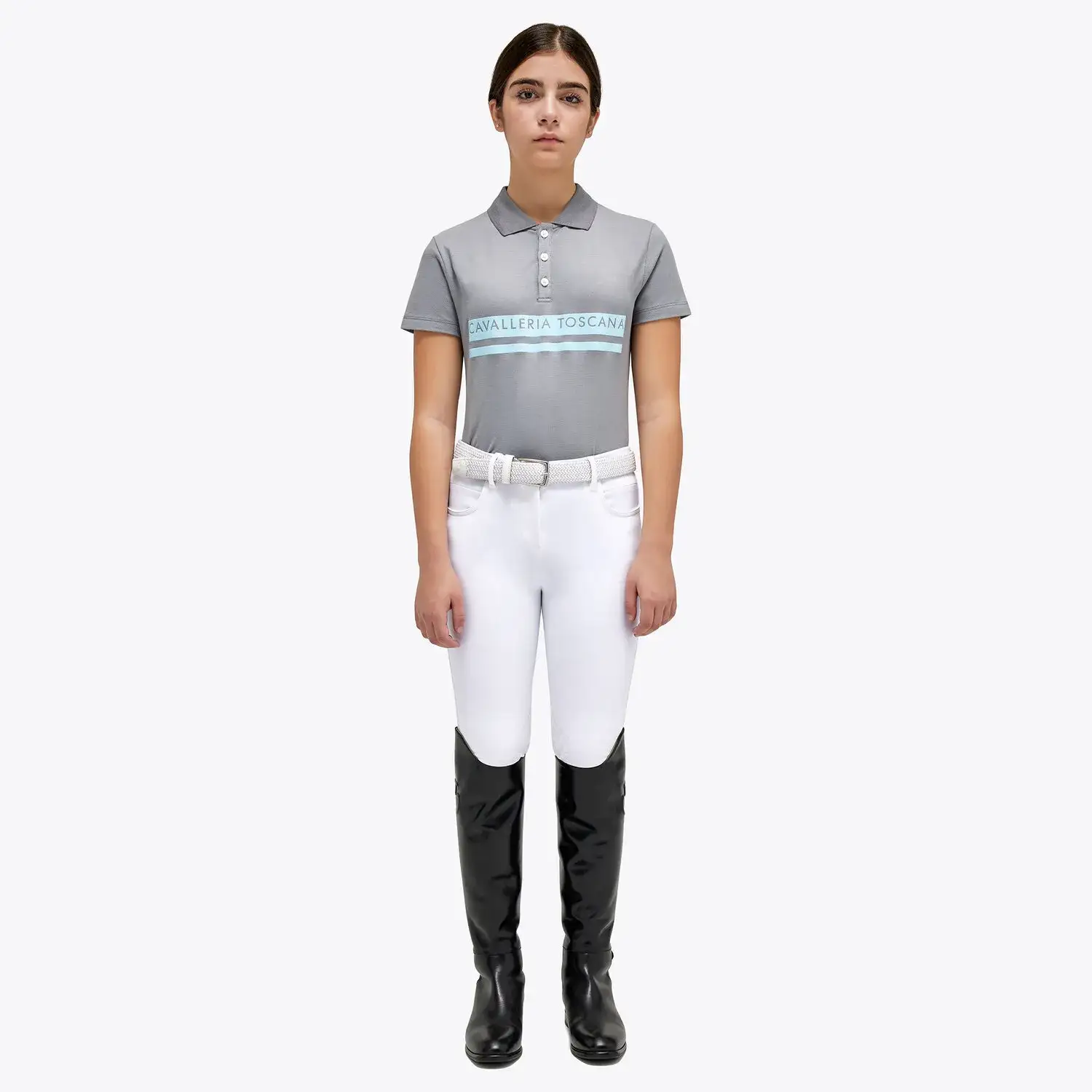 Cavalleria Toscana Girls’ piqué knit polo shirt with a flocked print LIGHT GREY-1