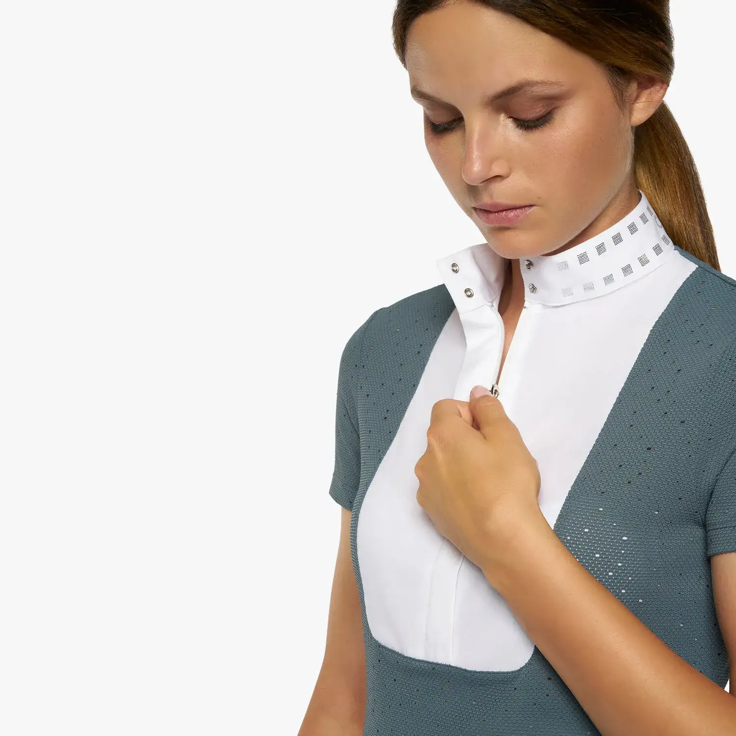 Cavalleria Toscana Women’s competition shirt in perforated fabric with sequins PETROLEUM-5