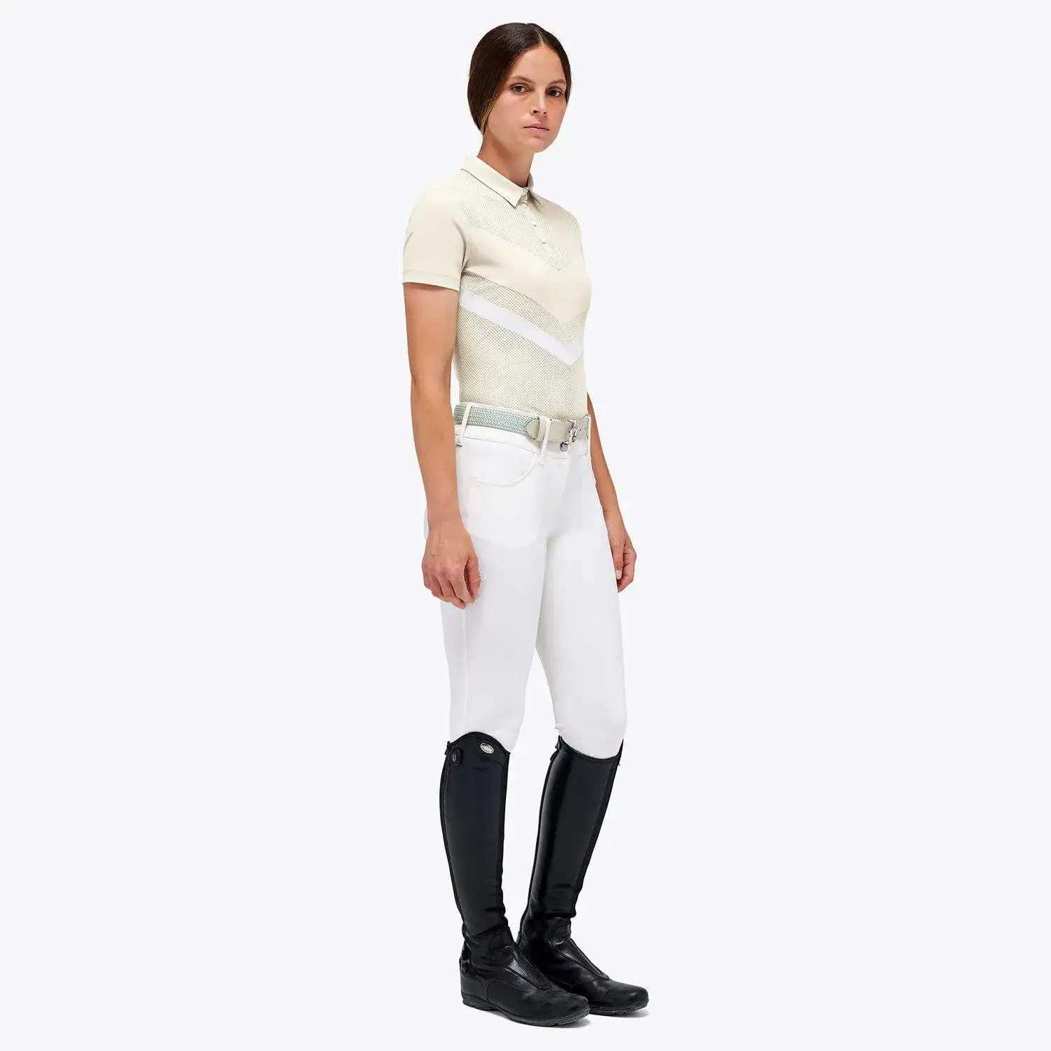 Cavalleria Toscana Women's Perforated Jersey Zip Competition Polo Off-White-1