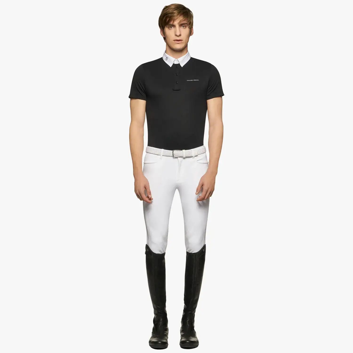 Cavalleria Toscana Men’s performance piqué knit polo shirt with buttons BLACK-1