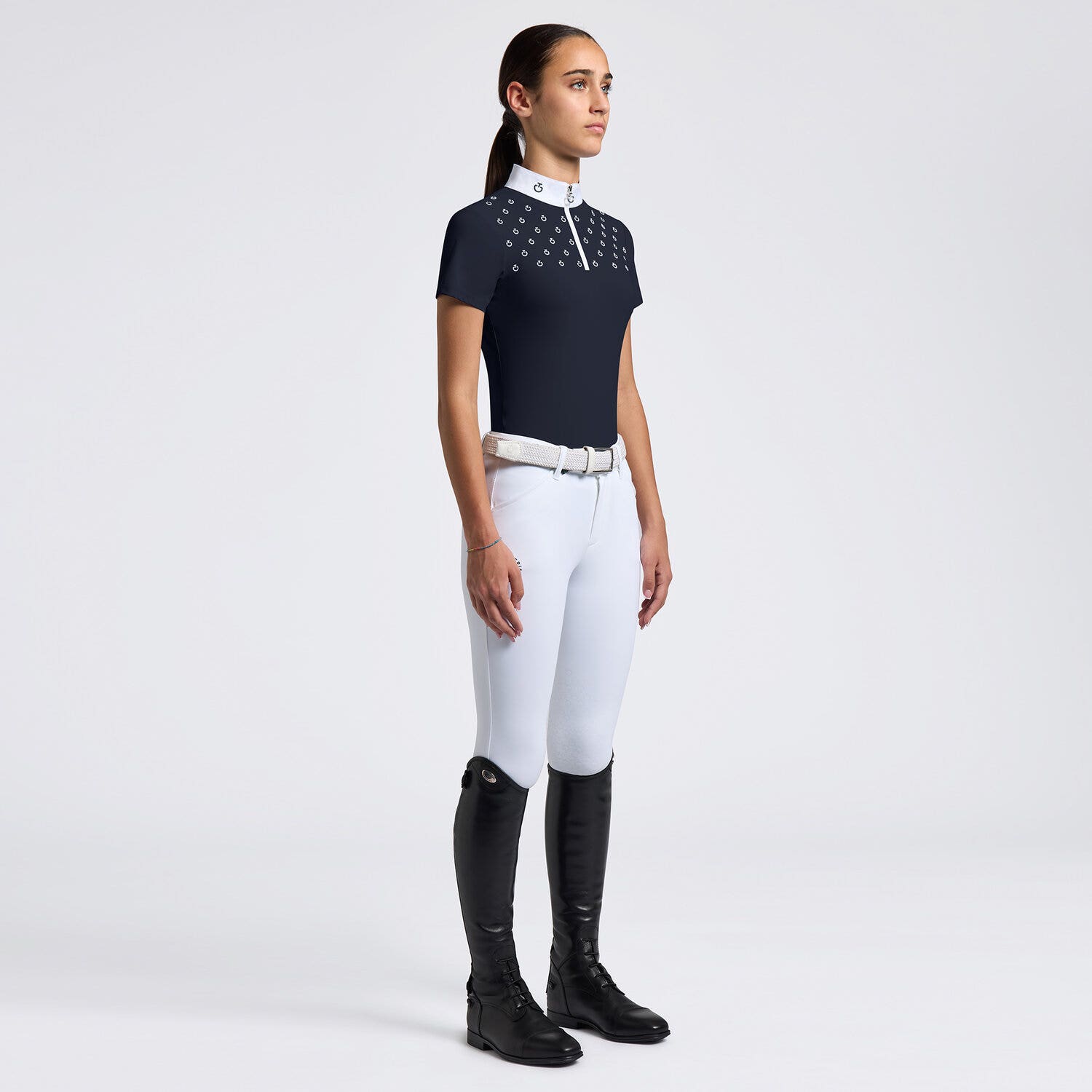 Cavalleria Toscana Cavalleria Toscana Girls' Short-Sleeve Competition Shirt with CT Logo Print NAVY-1