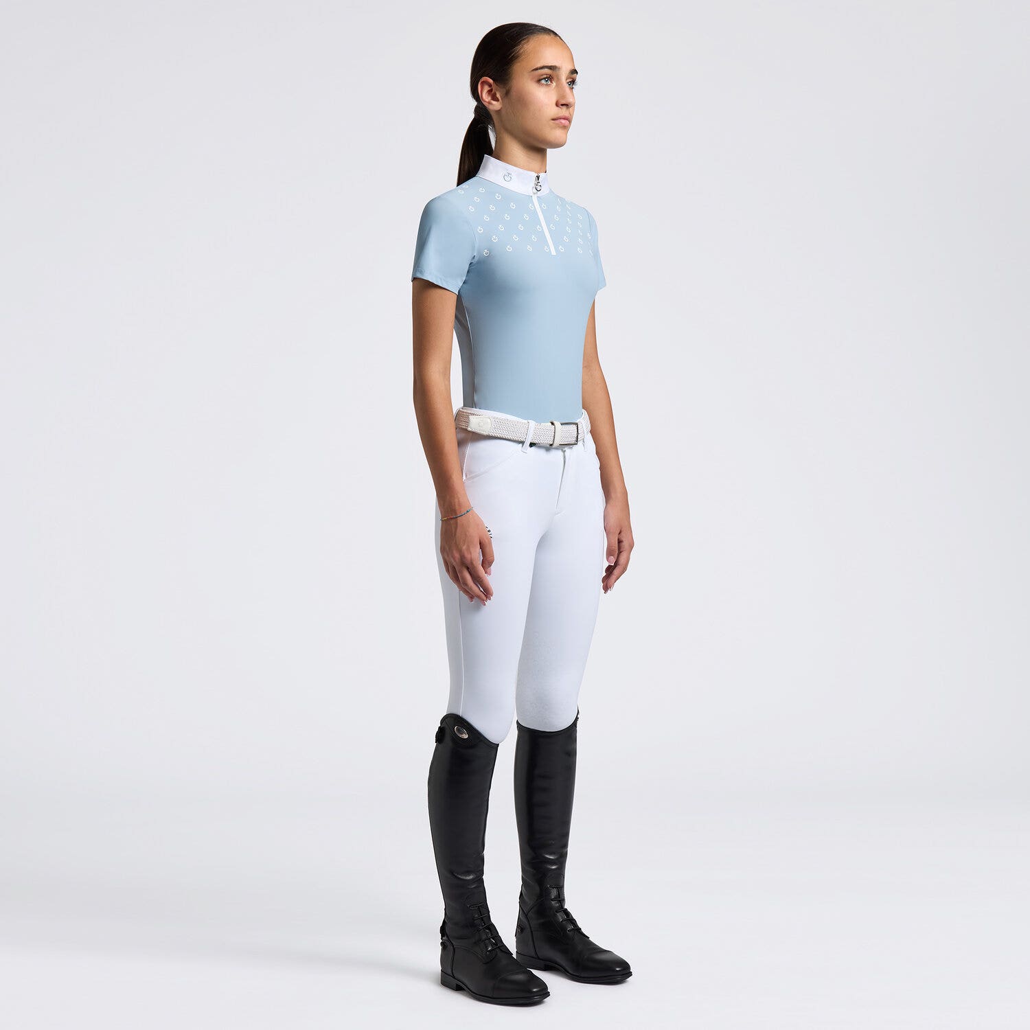 Cavalleria Toscana Cavalleria Toscana Girls' Short-Sleeve Competition Shirt with CT Logo Print BLUE FOG-1