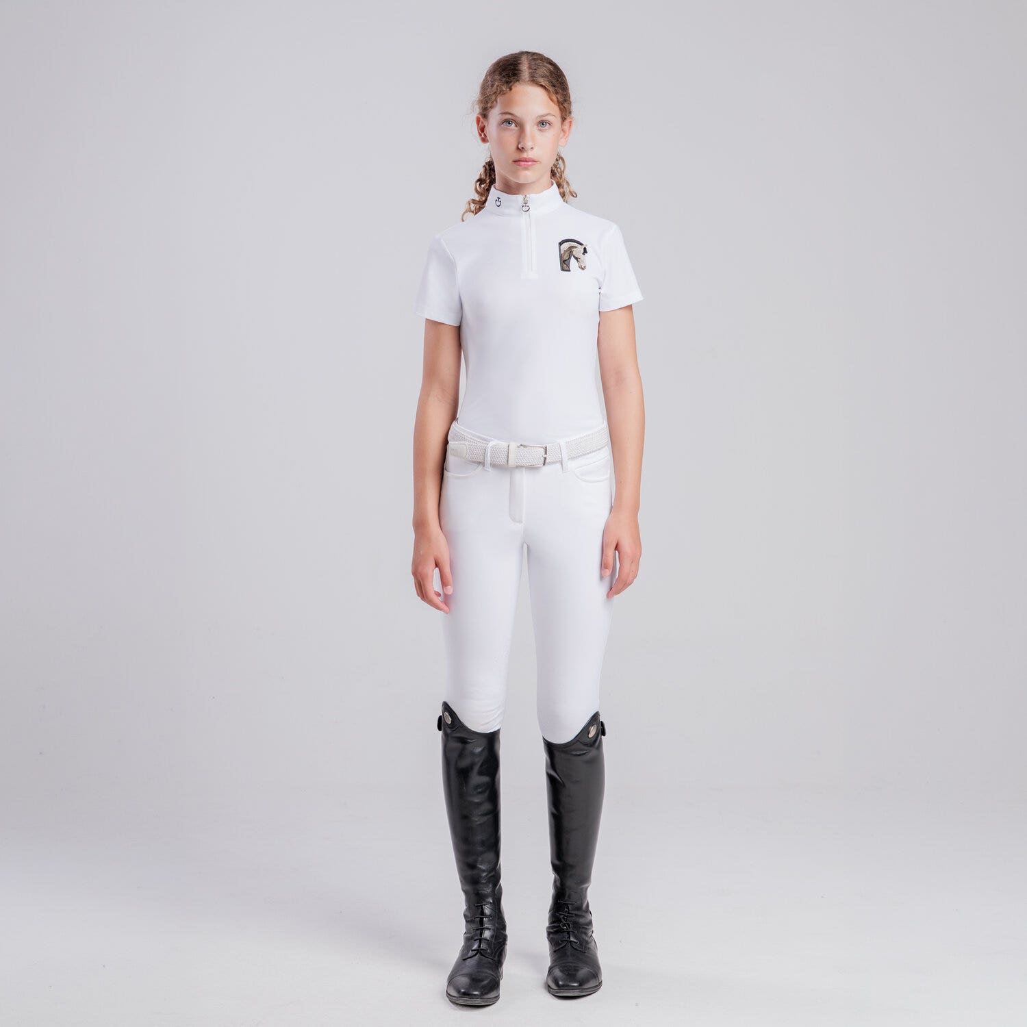 Cavalleria Toscana Girls’ technical polo with horse patch WHITE/KNIT-1