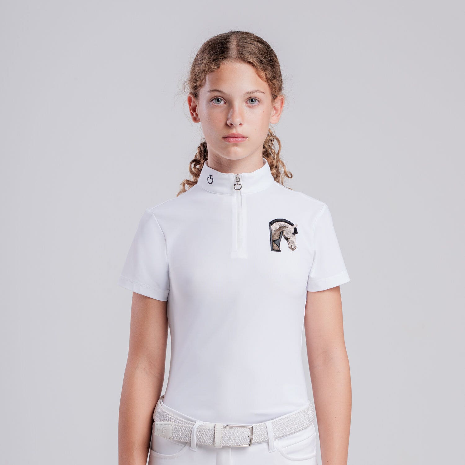 Cavalleria Toscana Girls’ technical polo with horse patch WHITE/KNIT-2