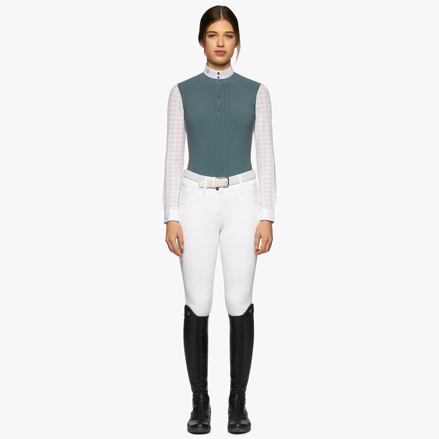 Cavalleria Toscana Camicia donna da concorso plissettata a maniche lunghe PETROLEUM / WHITE-1