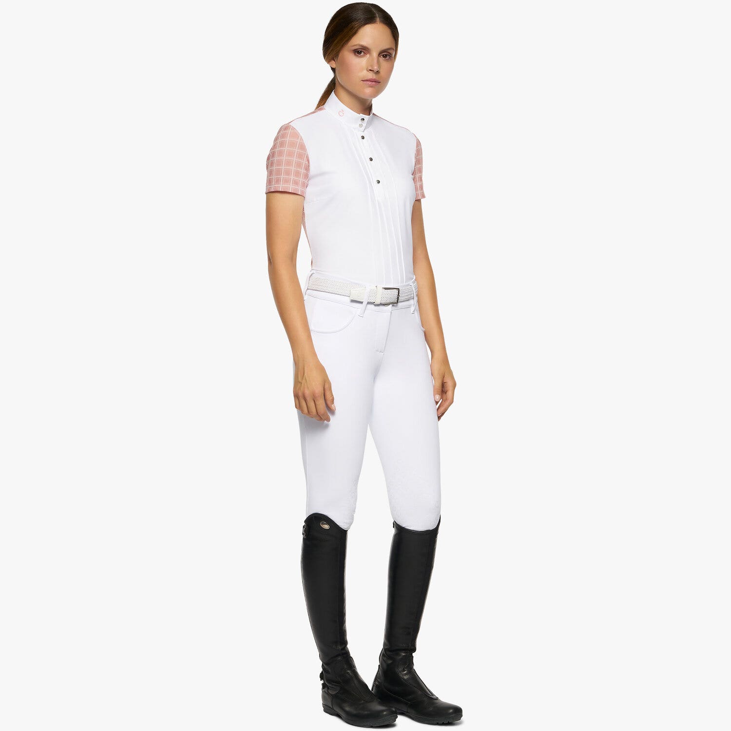 Cavalleria Toscana Women's short-sleeved pleated shirt WHITE/PALE PINK-2