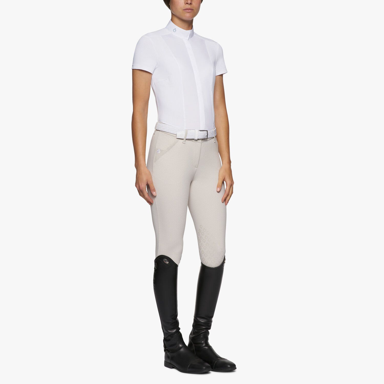 Cavalleria Toscana Women's micro perforated short-sleeved shirt WHITE/KNIT-2