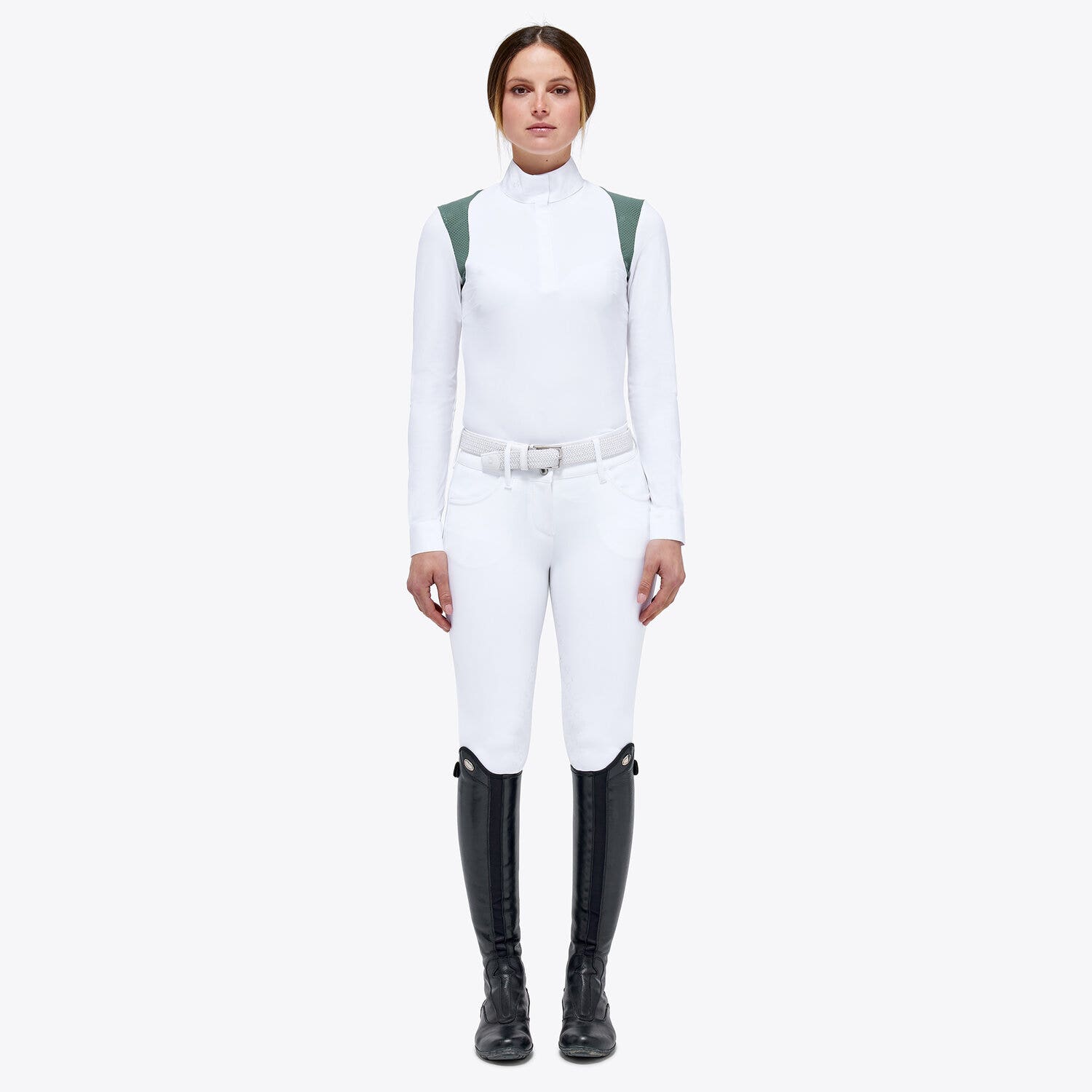 Cavalleria Toscana Women's jersey shirt with perforated details WHITE / EMERALD GREY-1