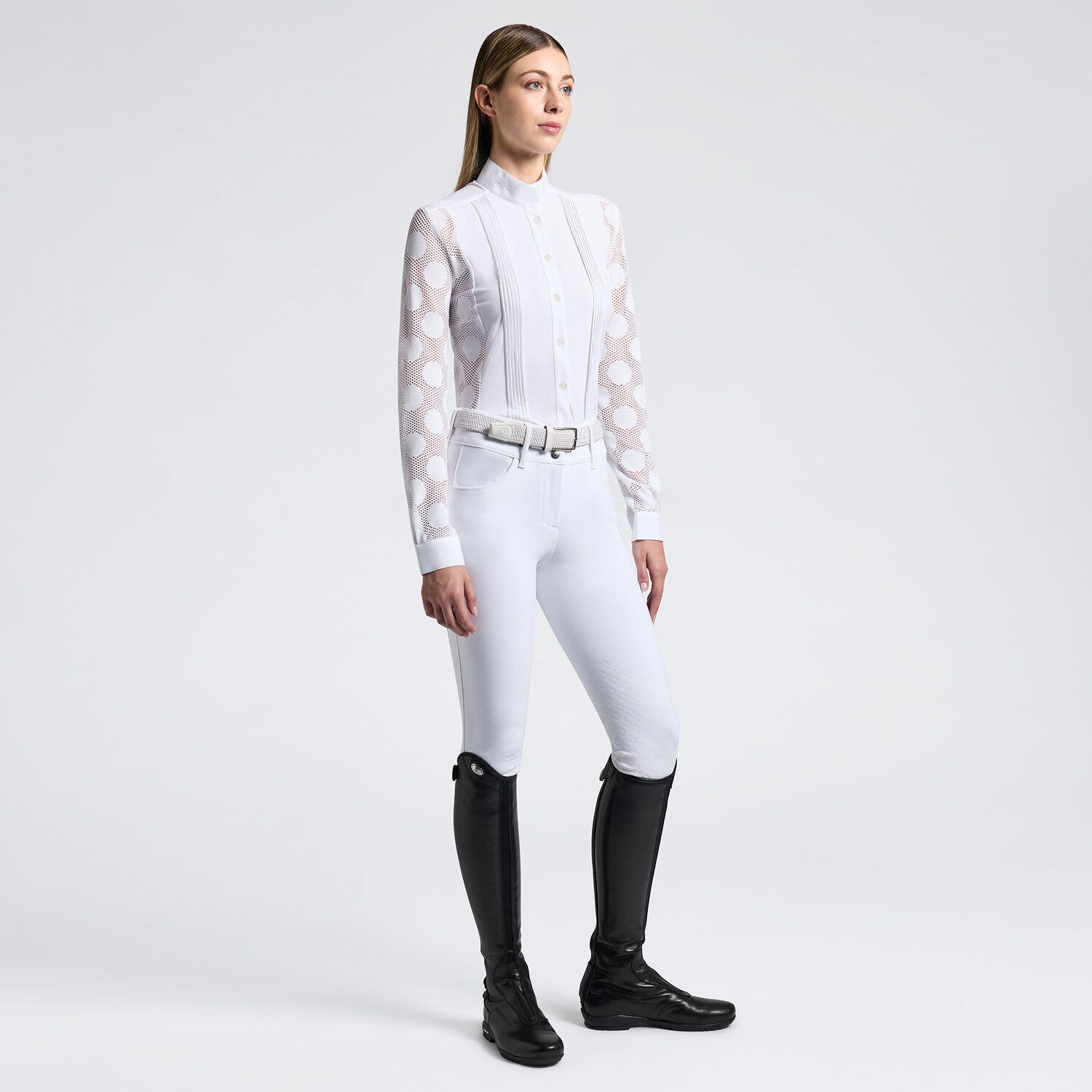 Cavalleria Toscana Cavalleria Toscana Women's Competition shirt in perforated jaquard and technical jersey with buttons WHITE/KNIT-1