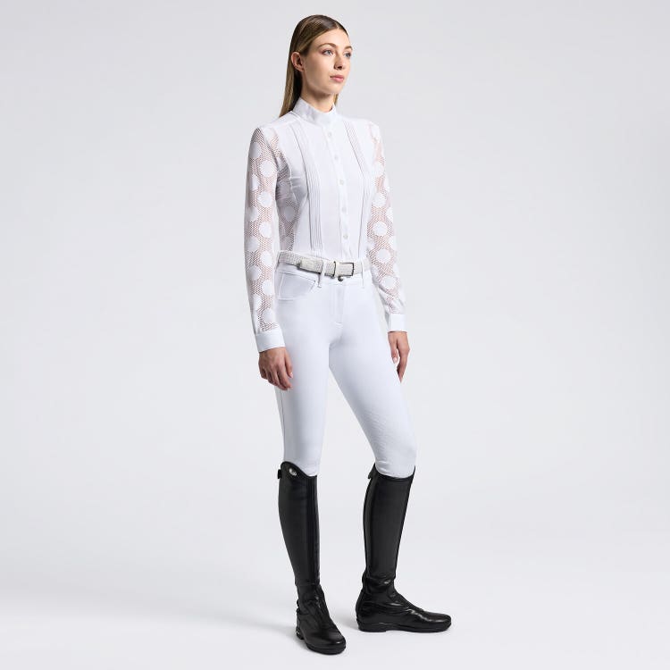 Cavalleria Toscana Camicia Cavalleria Toscana da Competizione da Donna in Jaquard traforato e Jersey Tecnico e bottoni WHITE/KNIT-1