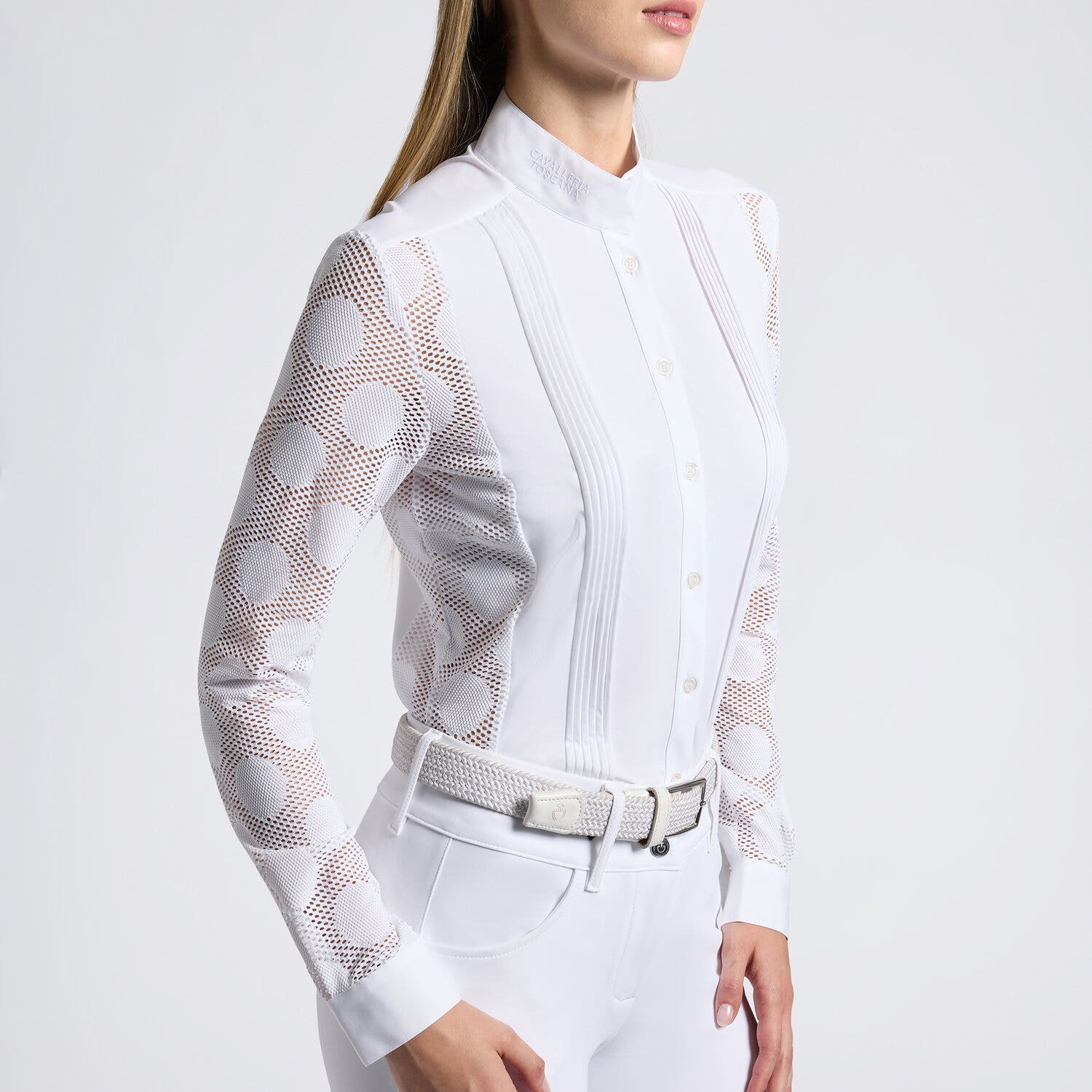 Cavalleria Toscana Cavalleria Toscana Women's Competition shirt in perforated jaquard and technical jersey with buttons WHITE/KNIT-2