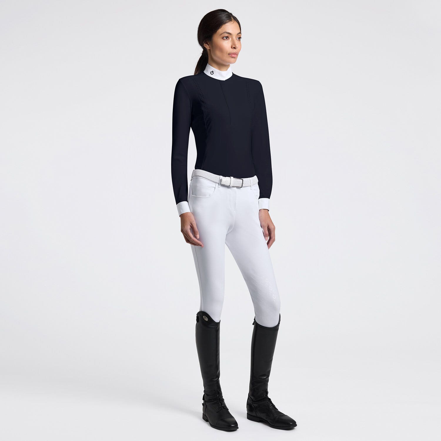 Cavalleria Toscana Cavalleria Toscana Women's Long Sleeve Competition Shirt with Laser-Cut Inserts NAVY-1