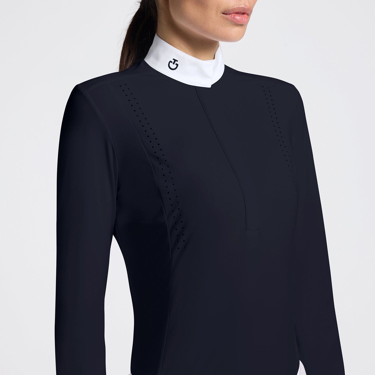 Cavalleria Toscana Cavalleria Toscana Women's Long Sleeve Competition Shirt with Laser-Cut Inserts NAVY-3
