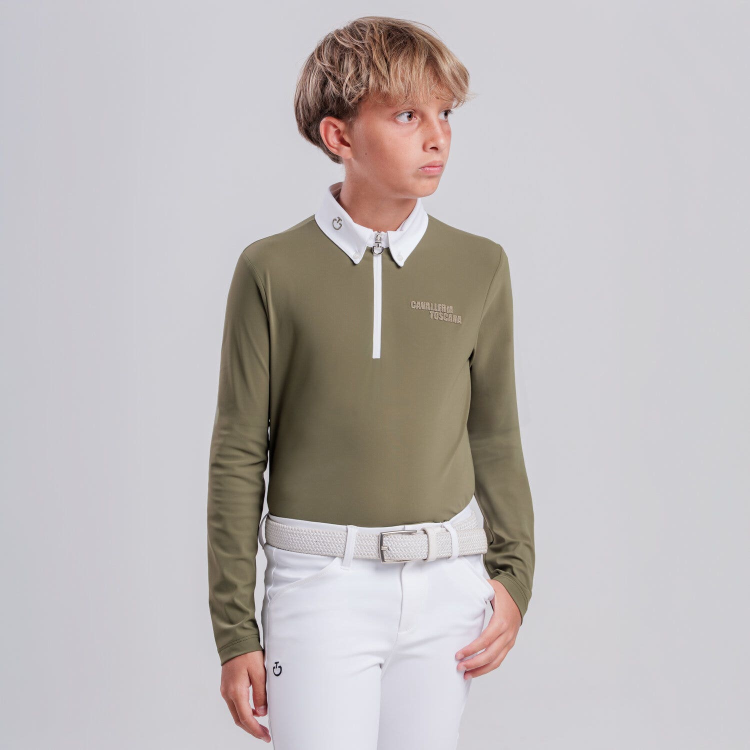 Cavalleria Toscana Boys’ competition polo with embroidery WINTERMOSS/WHITE-2