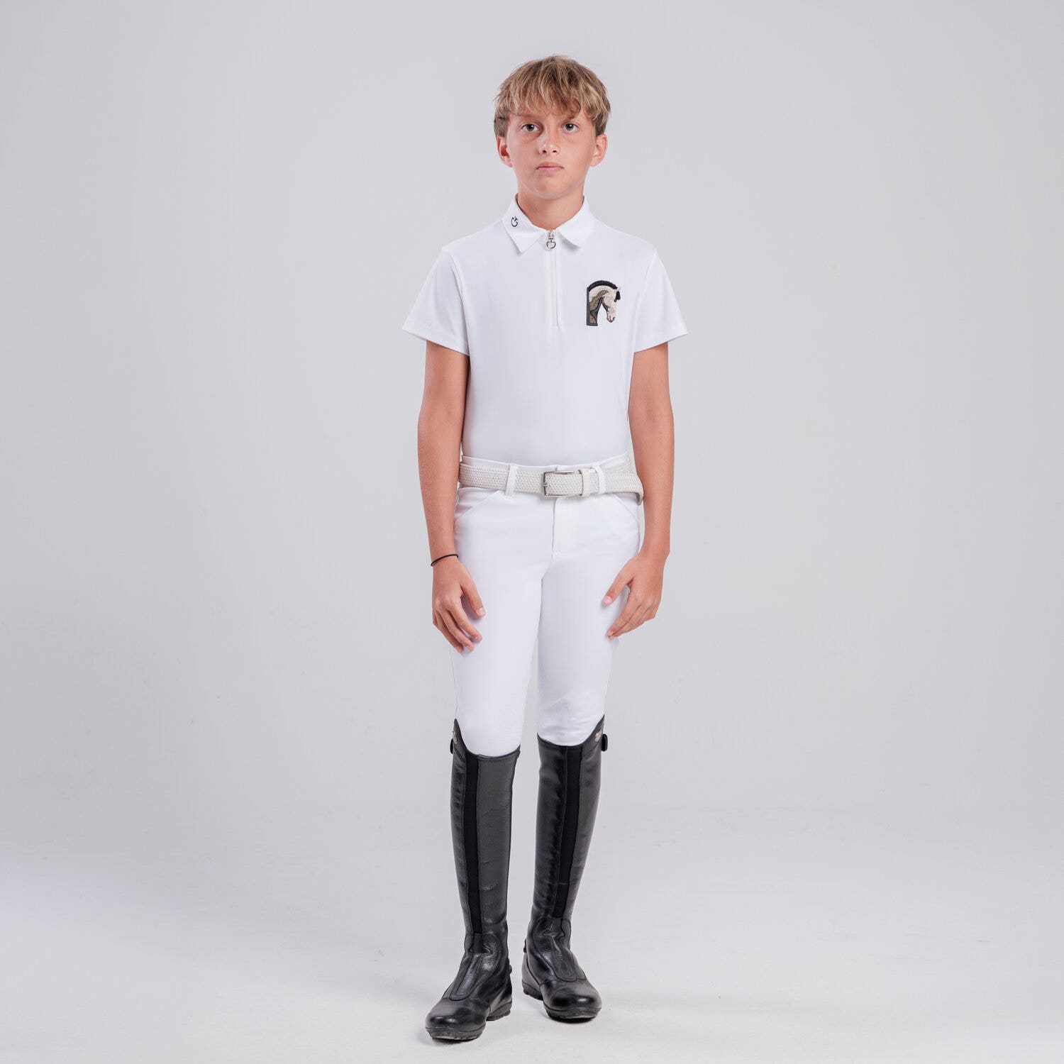 Cavalleria Toscana Boys’ technical polo with horse patch WHITE/KNIT-1