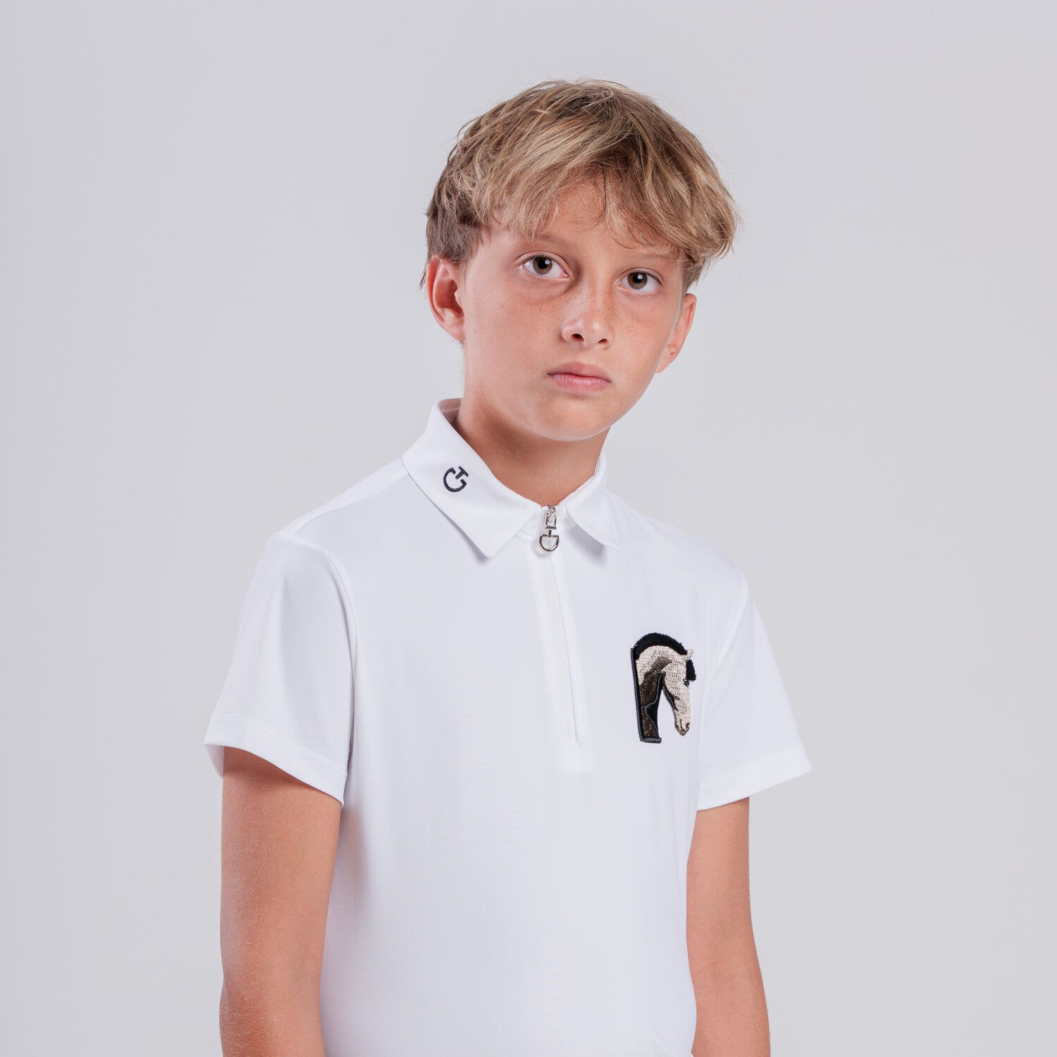 Cavalleria Toscana Boys’ technical polo with horse patch WHITE/KNIT-2