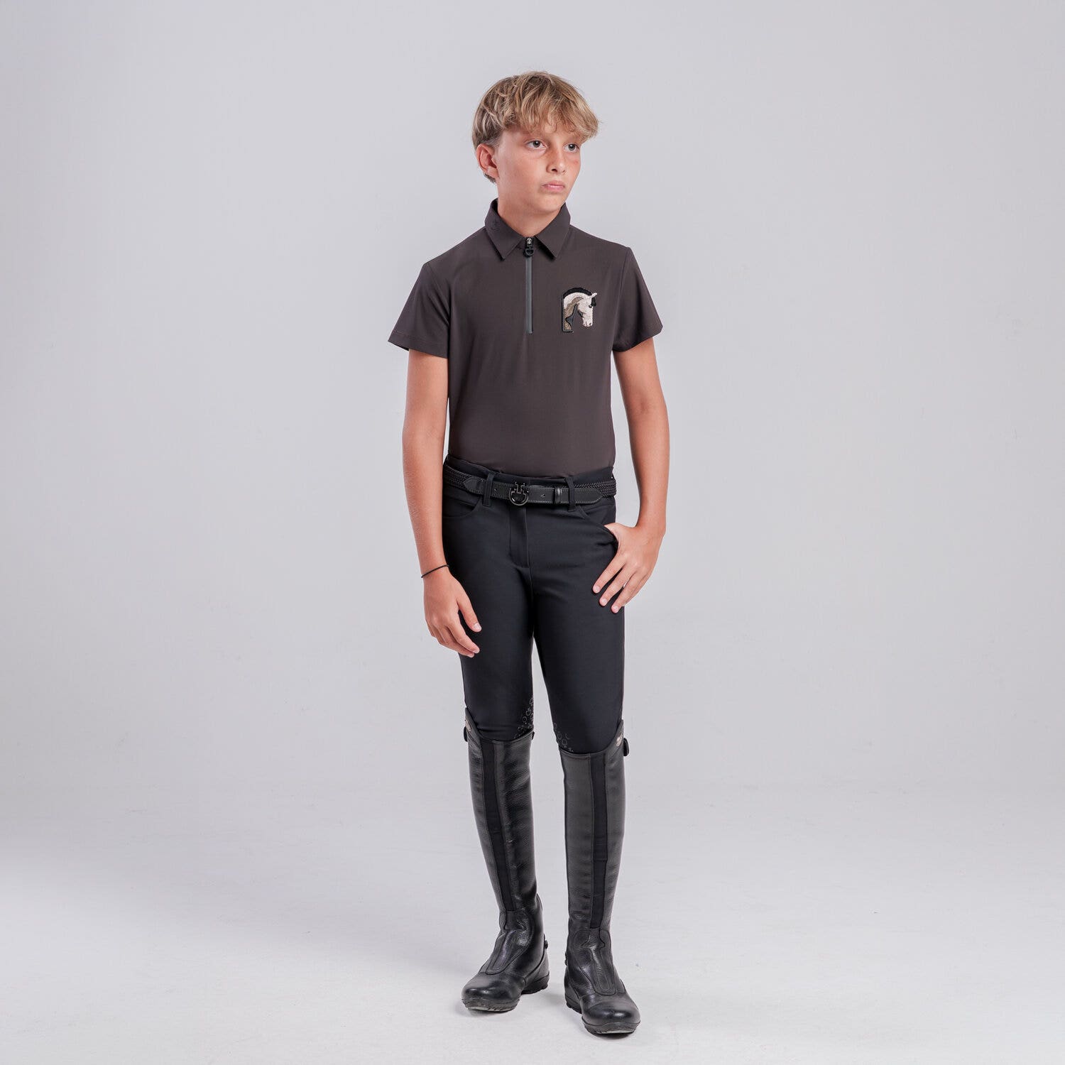 Cavalleria Toscana Boys’ technical polo with horse patch ESPRESSO/ESPRESSO-1