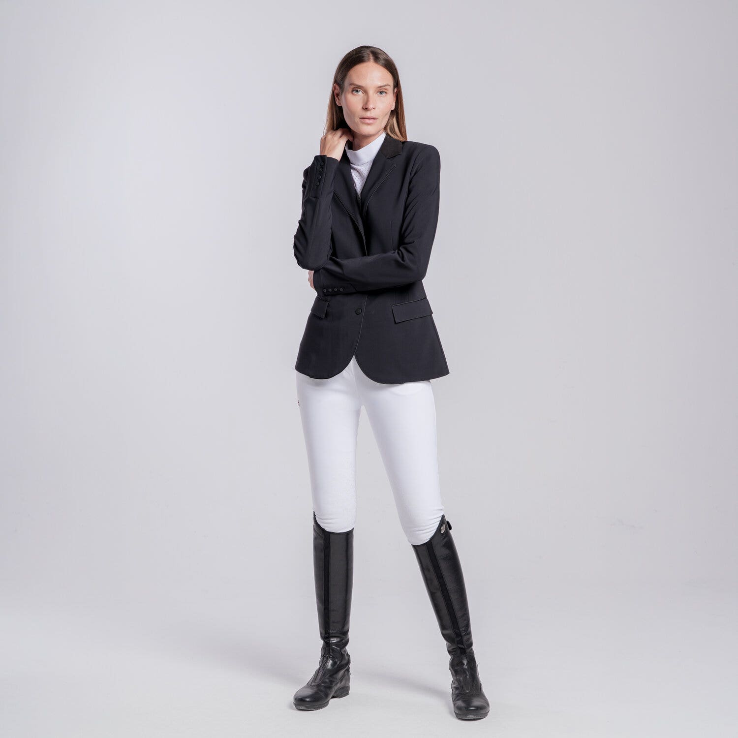 Cavalleria Toscana Women's zip riding jacket with perforated inserts. BLACK-1