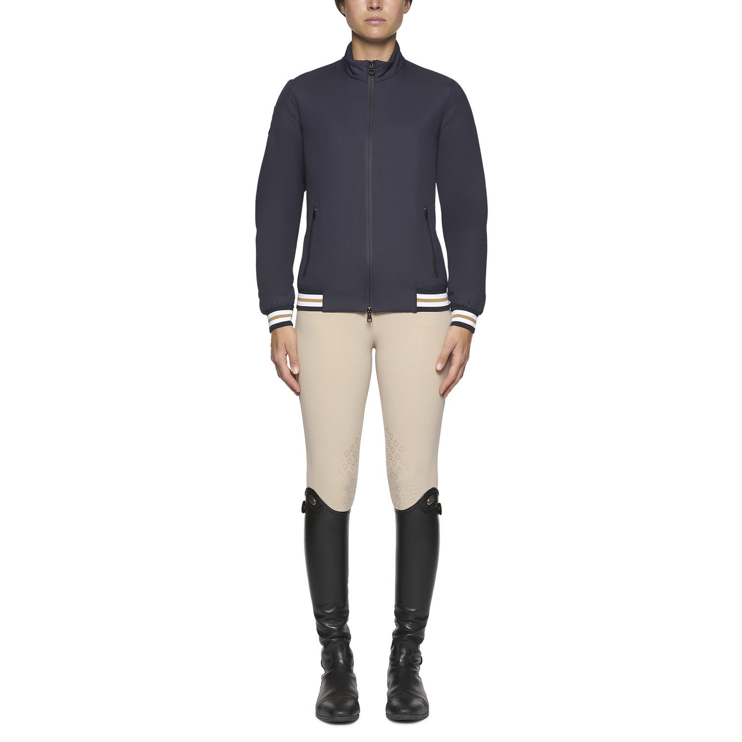 Women's windproof stripe rib knit zip jacket.