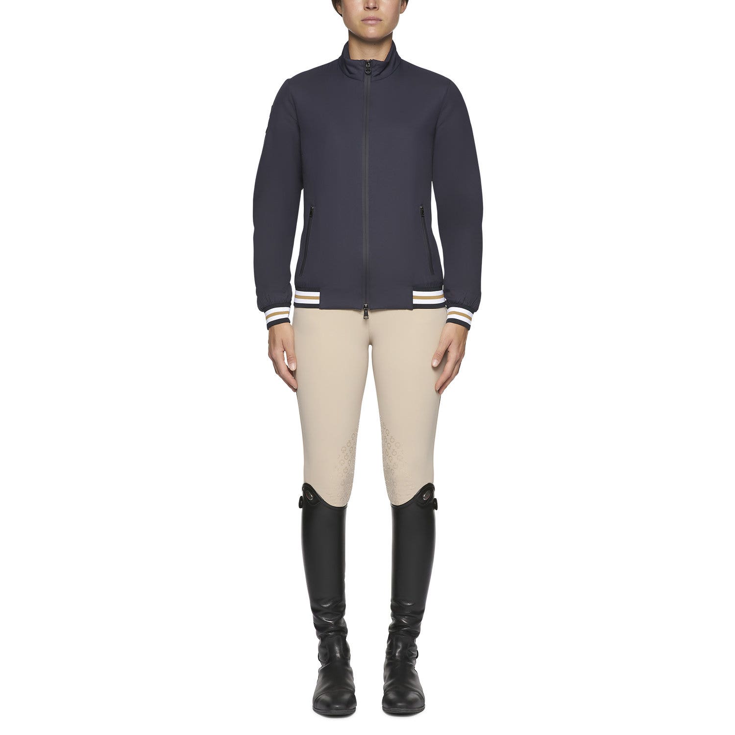 Cavalleria Toscana Women's windproof stripe rib knit zip jacket. NAVY-1