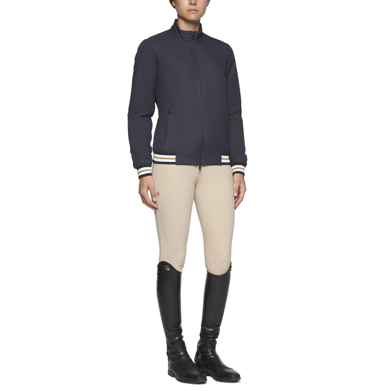 Cavalleria Toscana Women's windproof stripe rib knit zip jacket. NAVY-2