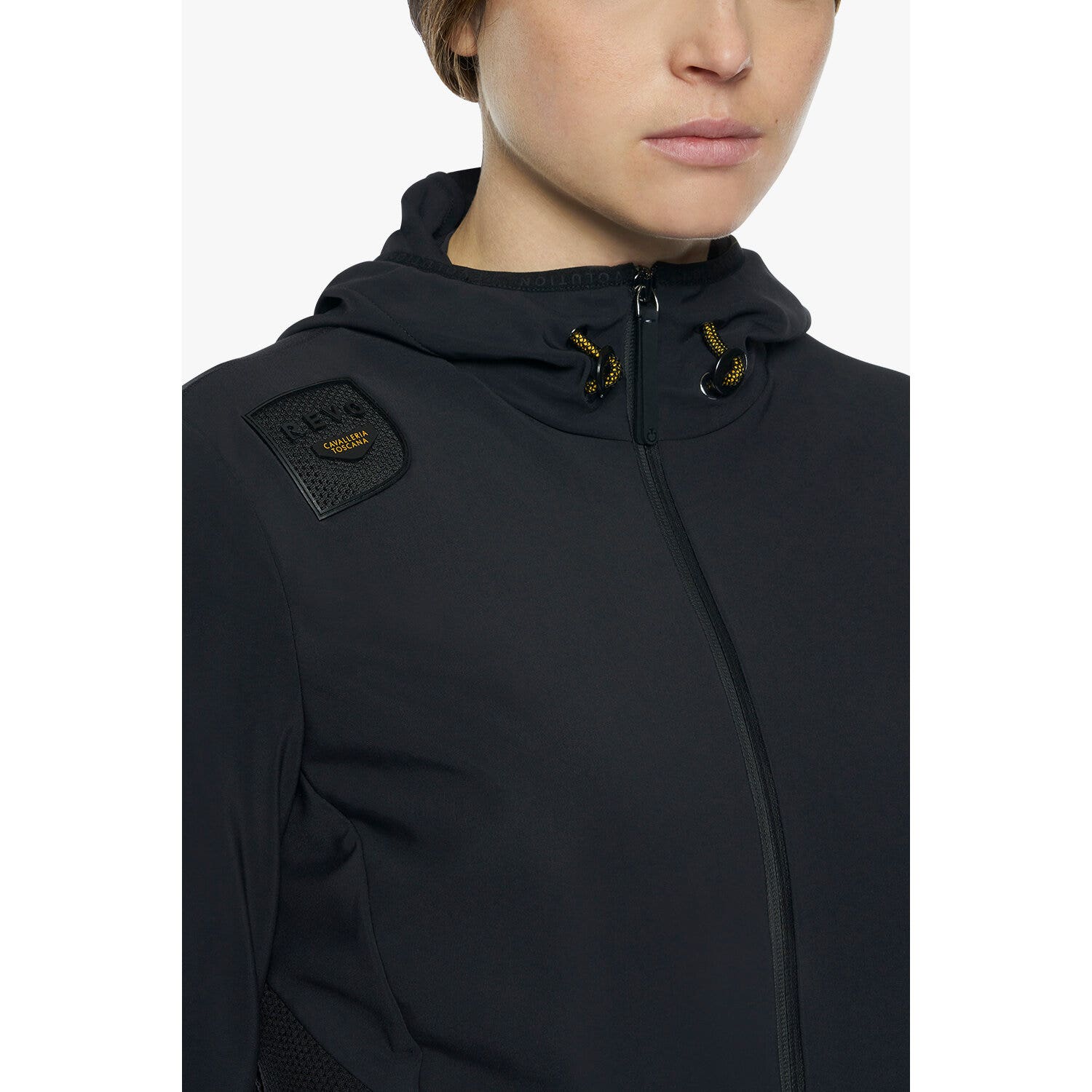 Cavalleria Toscana Women's REVO Jersey + Tech Knit Hooded Softshell Jacket BLACK-11
