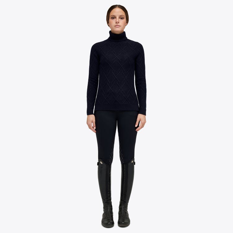 Cavalleria Toscana Women’s wool polo neck pullover with a raised motif NAVY-1