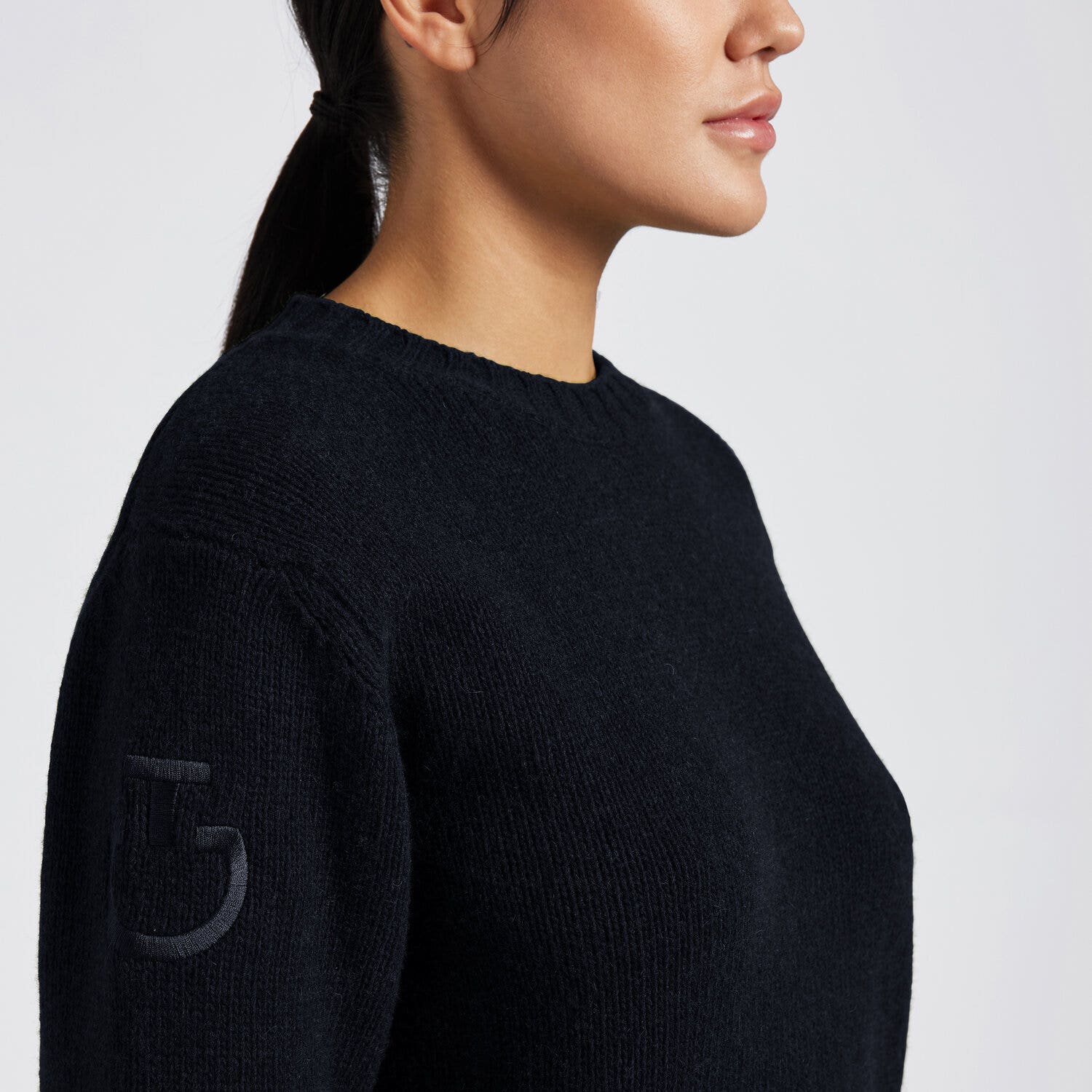 Maglione elegante da donna a collo equipaggio, aderente, a maniche lunghe, in maglia, colore nero, adatto per l'autunno|Motf Maglione elegante da donna a collo equipaggio, aderente, a maniche lunghe, in maglia, colore nero, adatto per l'autunno|Motf