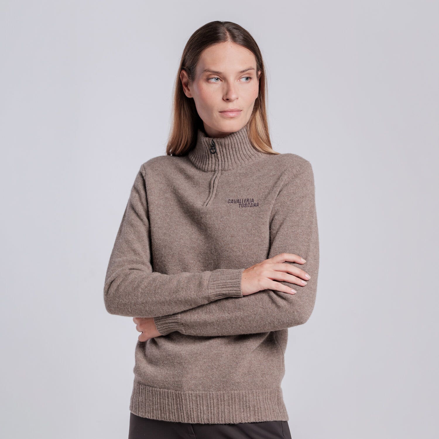Cavalleria Toscana MAGLIA COLLO ALTO CON MEZZA ZIP IN PURA LANA DA DONNA ESPRESSO-2