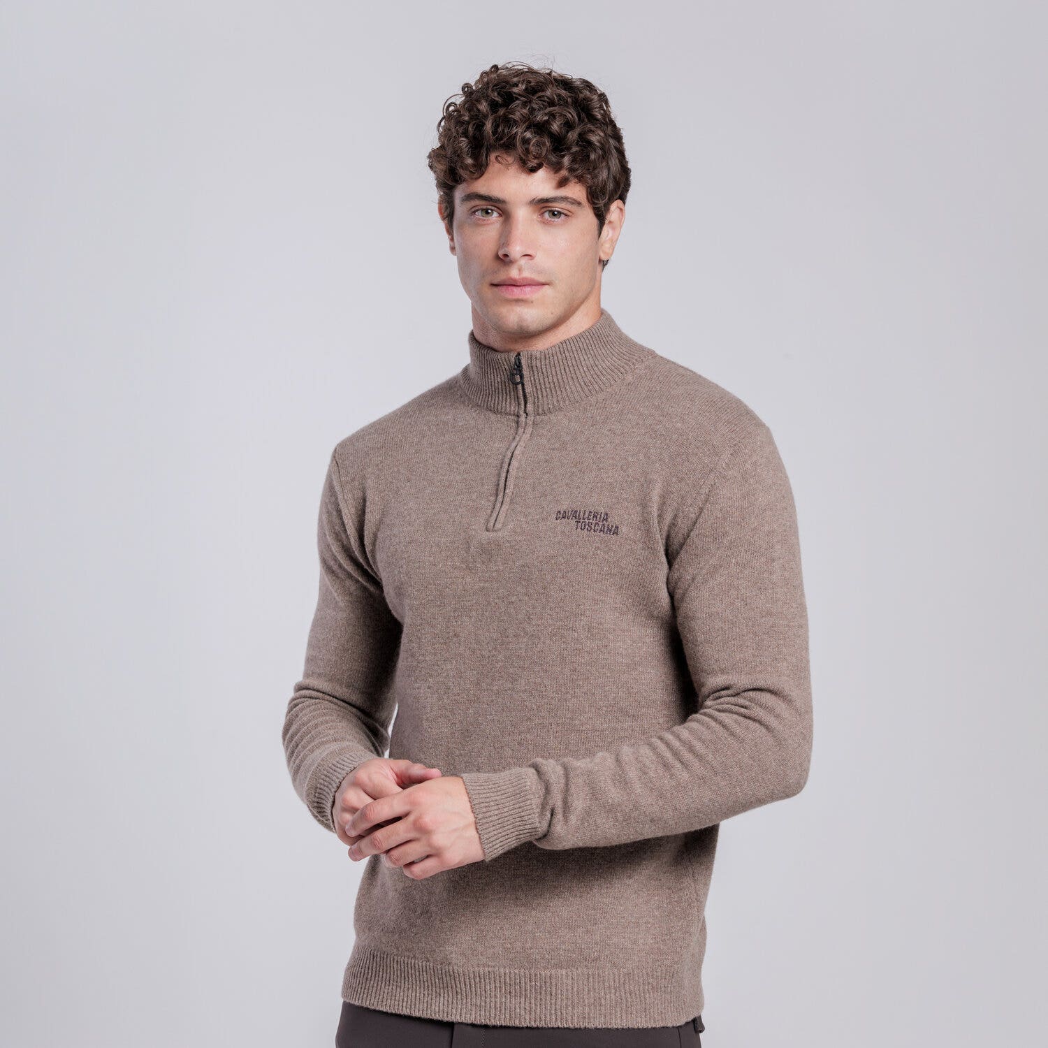 Cavalleria Toscana Men’s pure wool high-neck sweater with half zip ESPRESSO-2