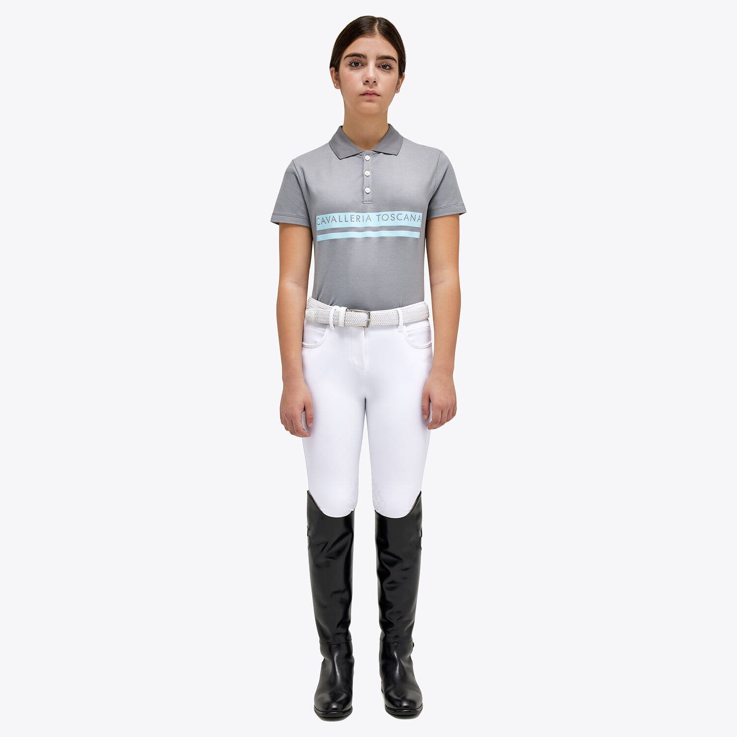 Cavalleria Toscana Girls’ piqué knit polo shirt with a flocked print LIGHT GREY-1