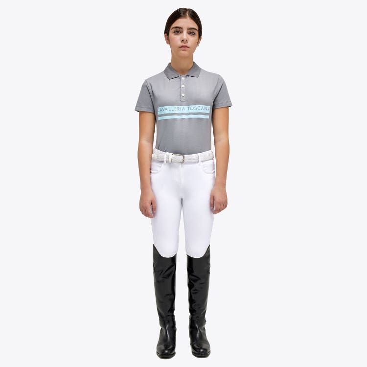 Cavalleria Toscana Girls’ piqué knit polo shirt with a flocked print LIGHT GREY-1