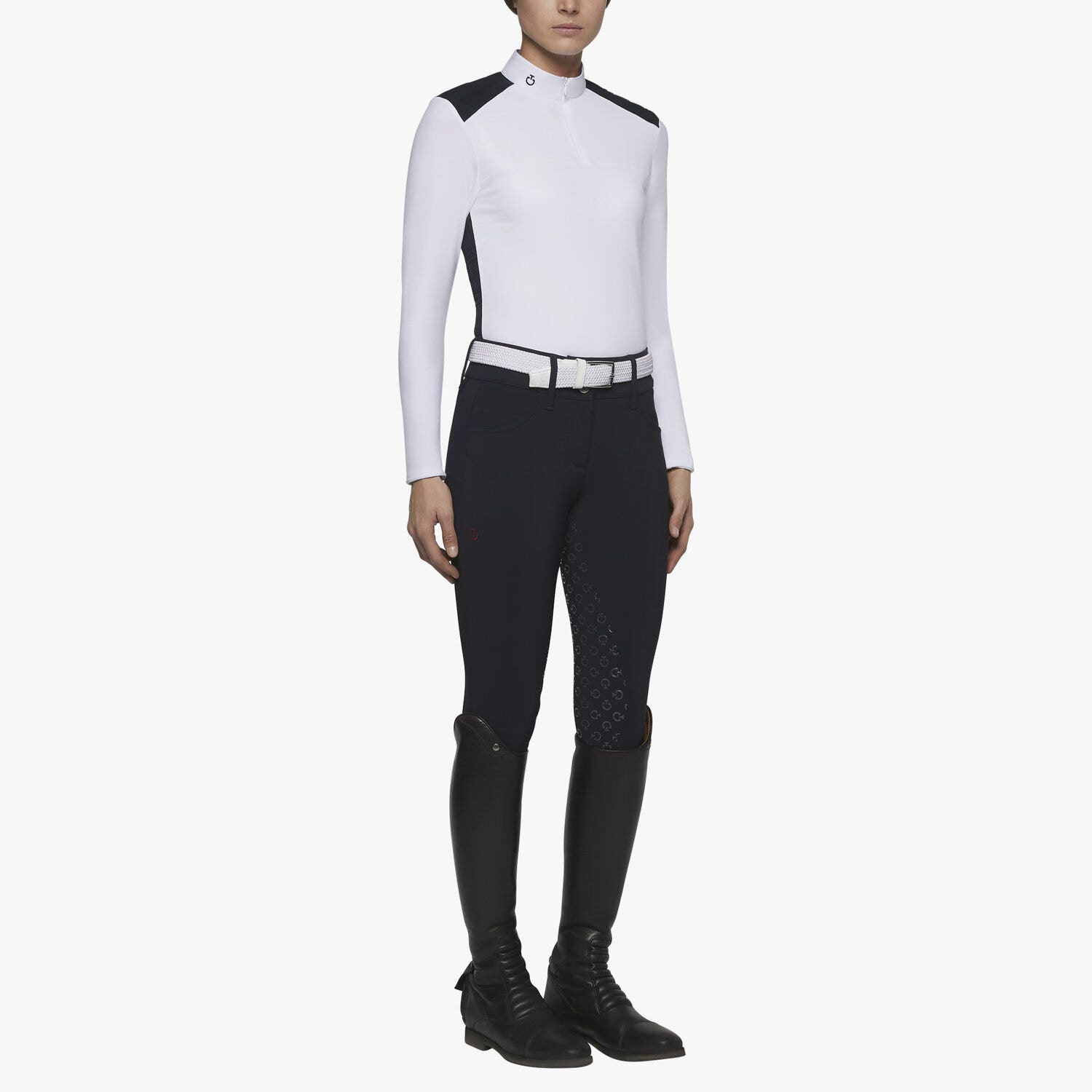 Cavalleria Toscana Women's long-sleeved fleece polo WHITE/NAVY-2