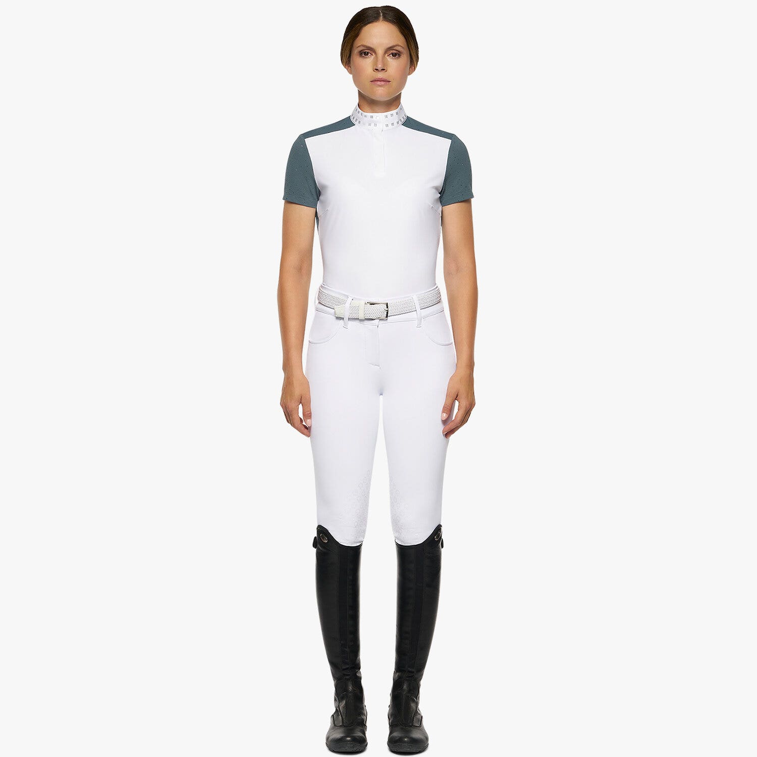Cavalleria Toscana Women's competition polo with micro sequins WHITE / PETROLEUM-1