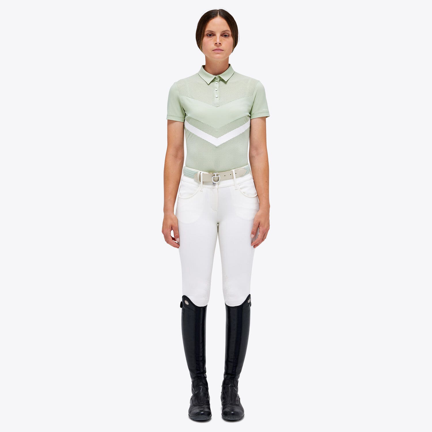 Cavalleria Toscana Women's Perforated Jersey Zip Competition Polo PISTACHIO-1