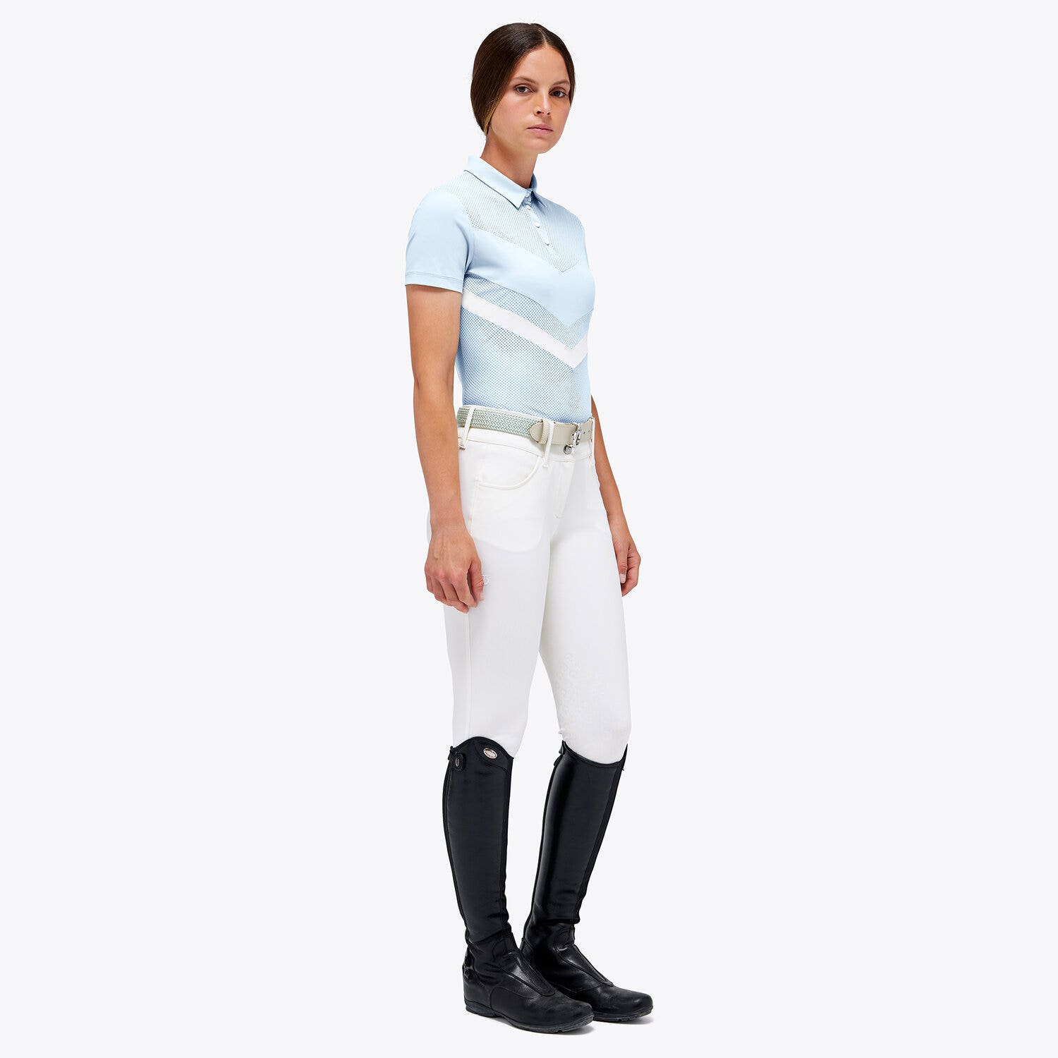 Cavalleria Toscana Women's Perforated  Jersey  Zip Competition  Polo POWDER BLUE-1