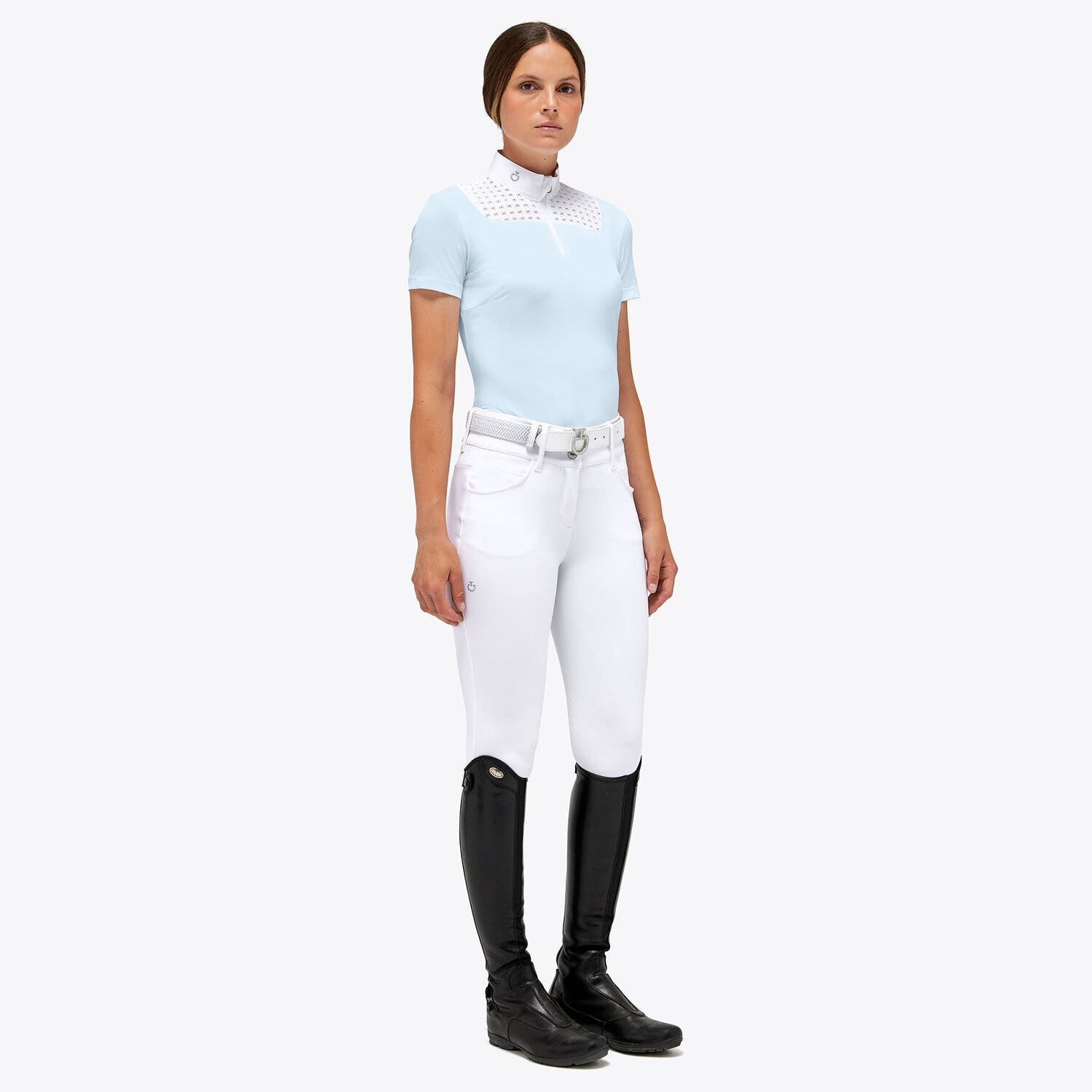 Cavalleria Toscana Women's Zip Competition Polo POWDER BLUE / WHITE-1