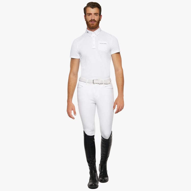 Cavalleria Toscana Men’s performance piqué knit polo shirt with buttons WHITE-1