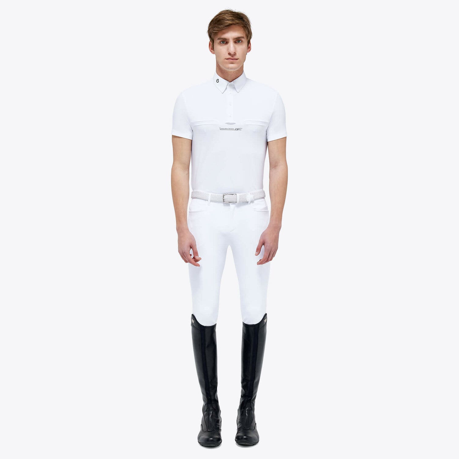 Cavalleria Toscana Men’s performance piqué knit polo shirt with buttons WHITE-1