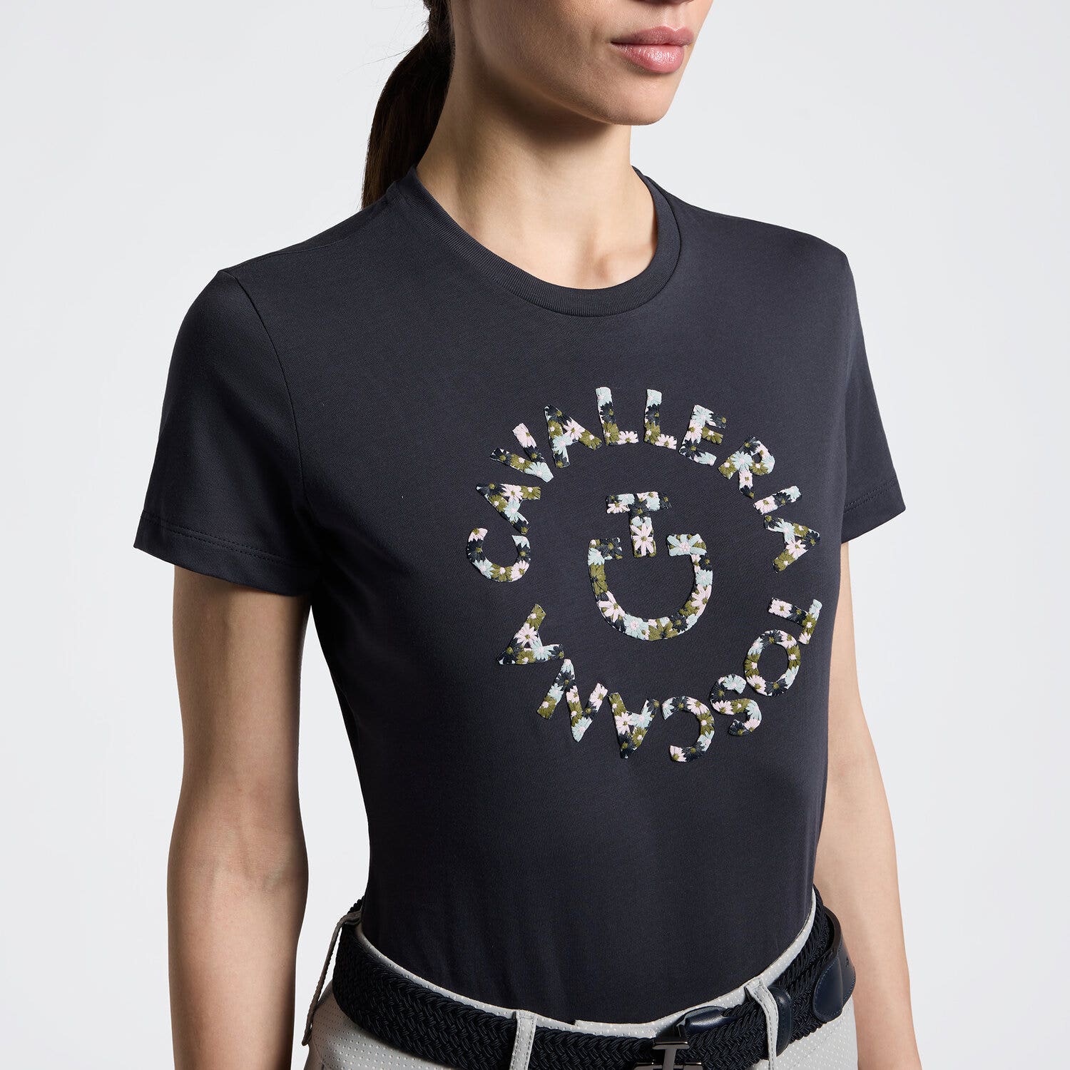 Cavalleria Toscana Women's T-Shirt with Floral Embroidery | Cavalleria Toscana CHARCOAL-3