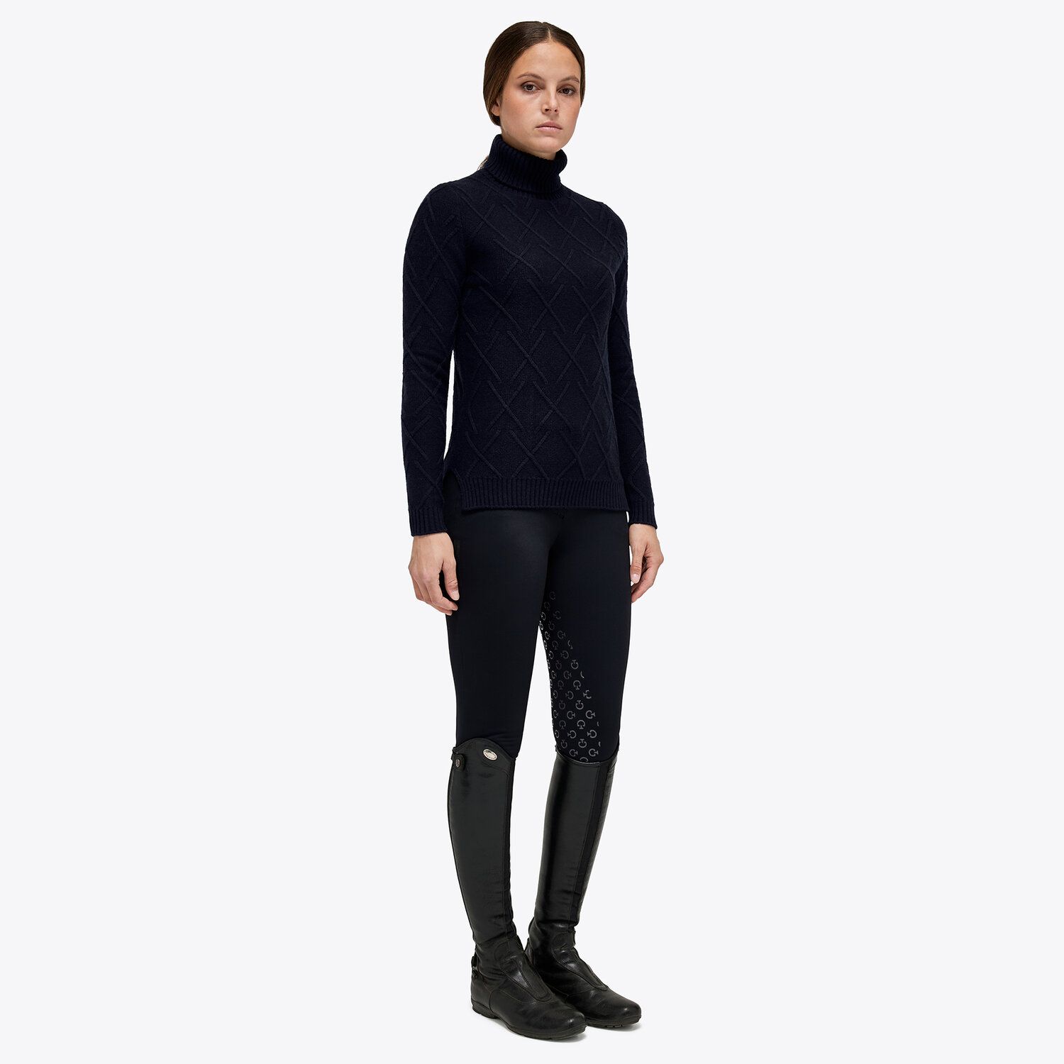 Cavalleria Toscana Women’s wool polo neck pullover with a raised motif NAVY-2
