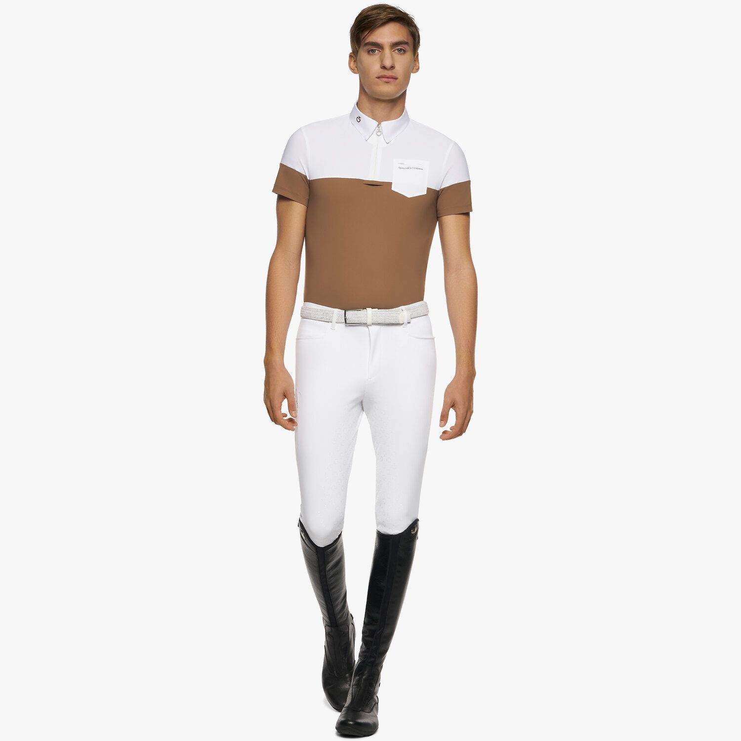 Cavalleria Toscana Men’s colour block polo shirt in jersey WHITE/CACAO-2