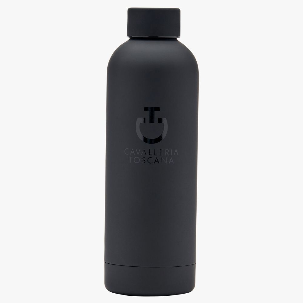 Stainless steel thermos bottle with CT logo.